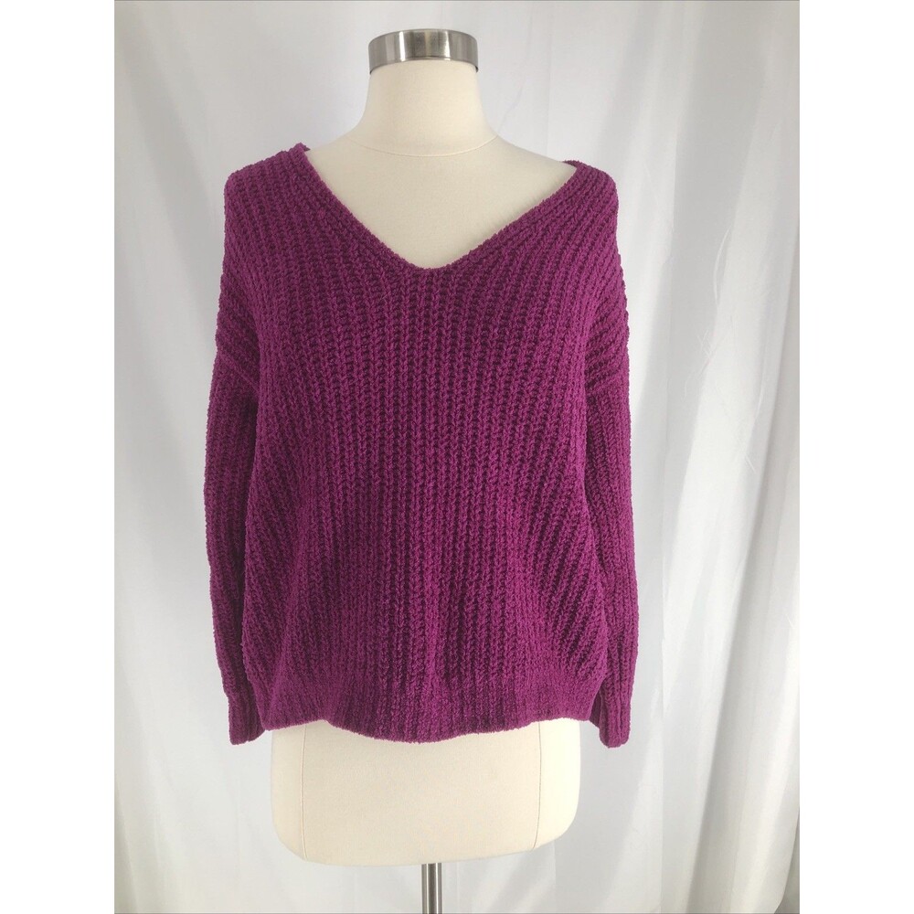 Express Chenille Velvet V Neck Pullover Sweater Pink Knit Relaxed Fit Sz XS